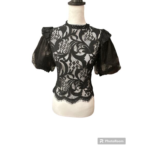 Peach Small Black Lace Sheer Short Sleeve Top - Picture 1 of 3